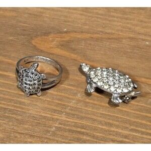 (2) Vtg 925 Sterling Silver Marcasite Turtle Ring & Rhinestone Pin
